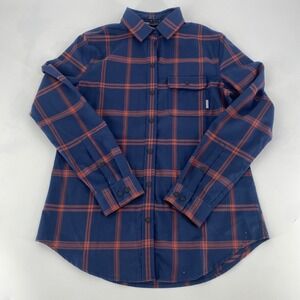 Vortex Optics Mens Small Blue Orange Plaid Snap Front Flannel Shirt Long Sleeve